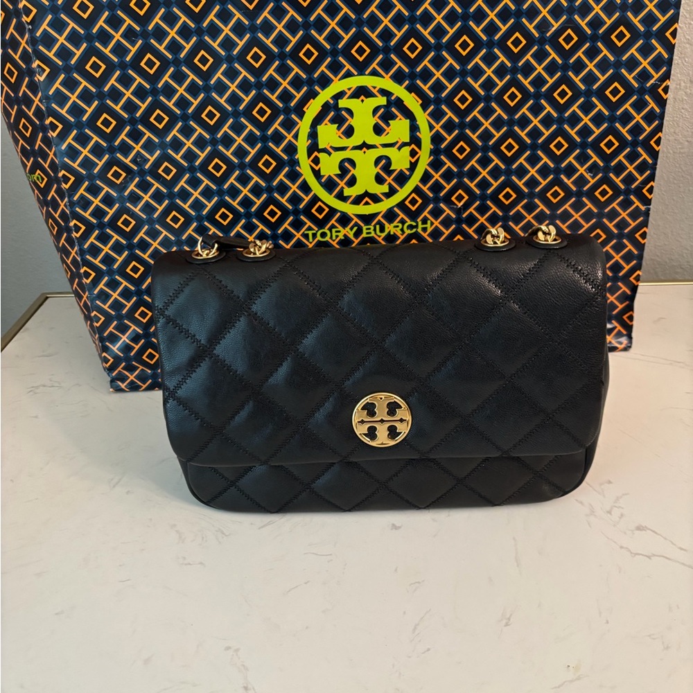 Tory Burch Willa Flap Quilted Leather Shoulder Bag with Gold Logo Medallion